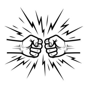 Two black outlined fists colliding with radiating lines on white background collision impact vector