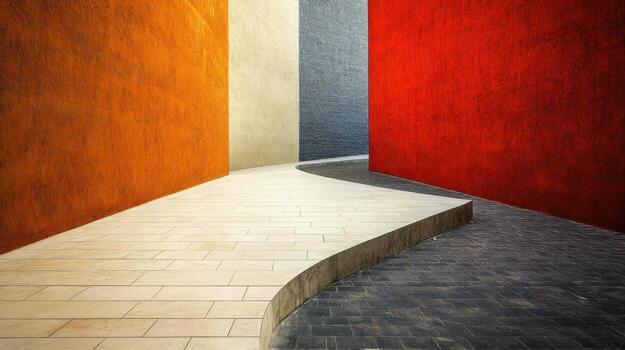 A walkway in front of a red, orange and yellow wall photo