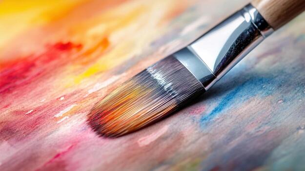 A brush is sitting on a colorful paint brush photo