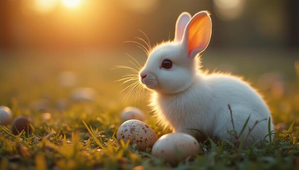 A white rabbit sitting in the grass with eggs photo