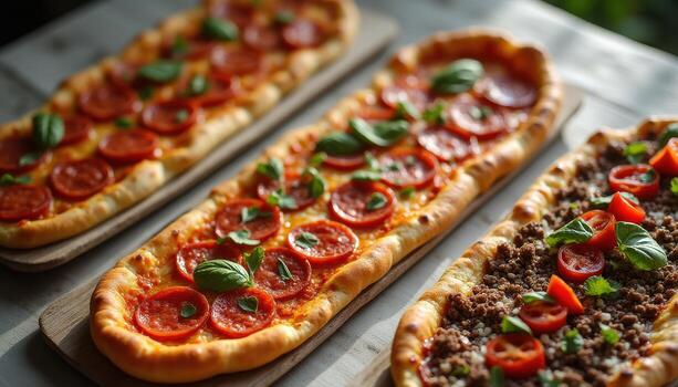 Three pizzas with meat and vegetables on wooden trays photo