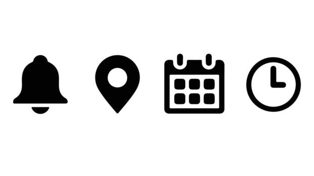 Flat simple illustrations of bell, pin, date and clock. vector