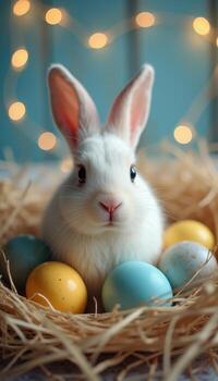 A white rabbit is sitting in a nest with colorful eggs photo