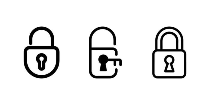 Black outline lock icons showing security with one padlock and key on white background vector