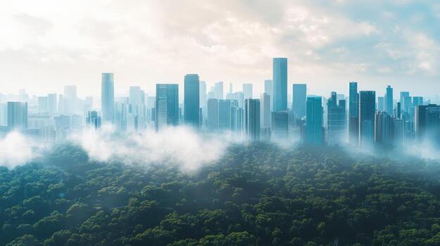 A city with tall buildings and trees in the foreground photo