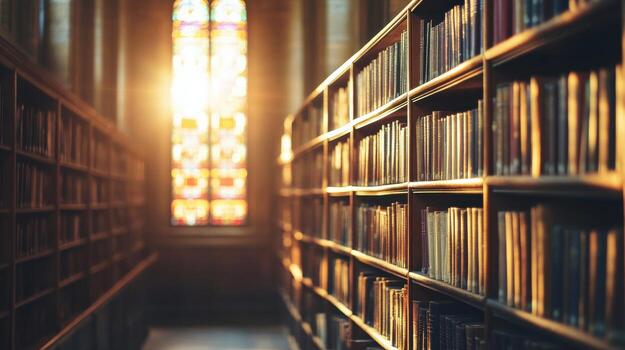 A long row of bookshelves in a library with sunlight shining through photo