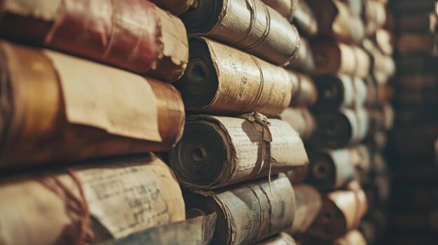 Old books stacked on top of each other in a library photo