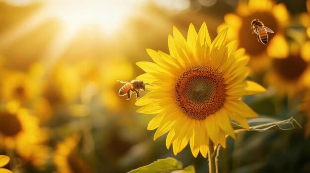 abejas y girasoles en un campo con el Dom brillante foto