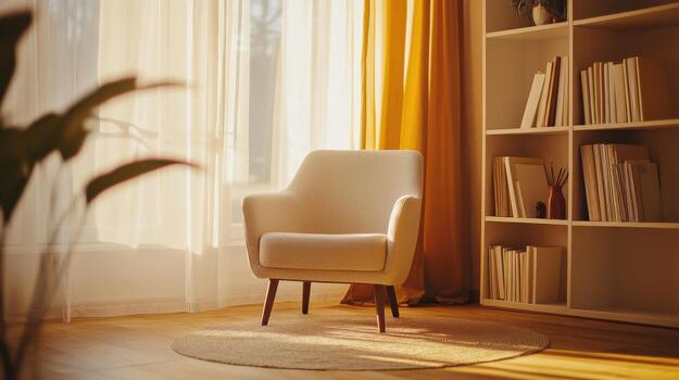 un silla en frente de un librero con un ventana foto