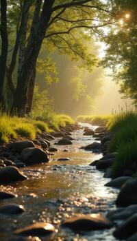 A stream runs through a forest with grass and trees photo