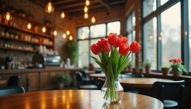 A vase of red tulips sits on a table in a restaurant photo
