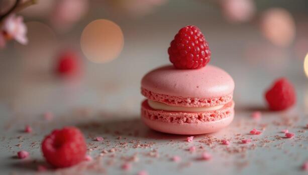 un rosado macaron con frambuesas en parte superior foto