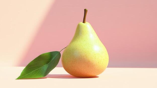 un Pera con un hoja en eso sentado en un rosado antecedentes foto
