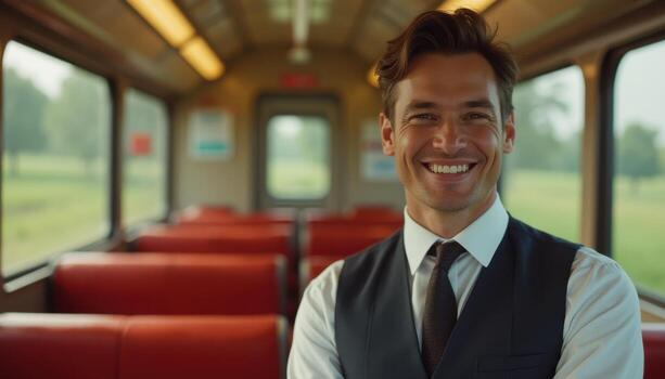 A man in a suit and tie is smiling on a train photo