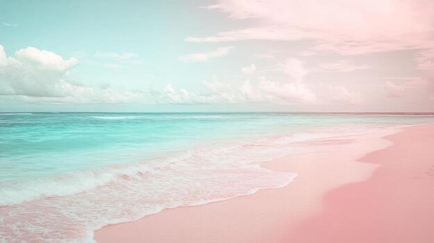 A pink and turquoise beach with waves and clouds photo