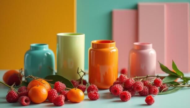 Colorful vases with fruit and berries on a table photo