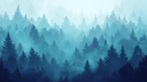 A blue forest with trees and fog photo