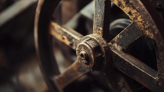 An old rusty machine wheel with a rusty metal handle photo