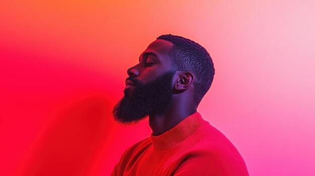 un hombre con un barba y rojo camisa en contra un rosado antecedentes foto
