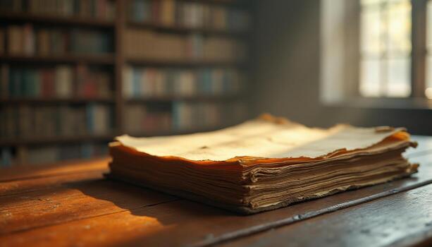 An old book sitting on a table in front of a library photo