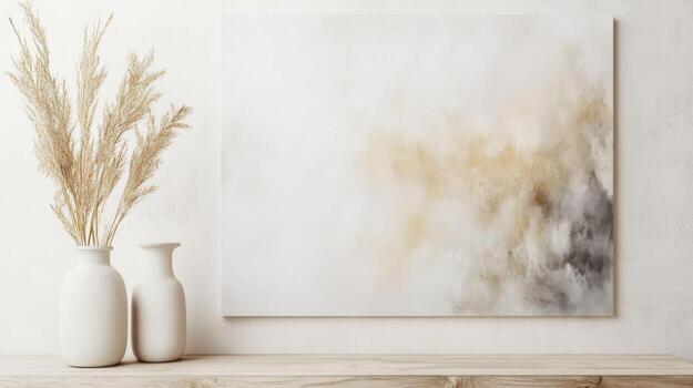 un blanco florero y un grande resumen pintura en un pared foto
