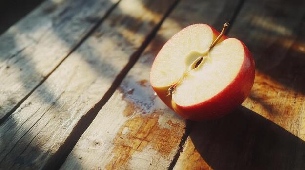 An apple sitting on a wooden table photo