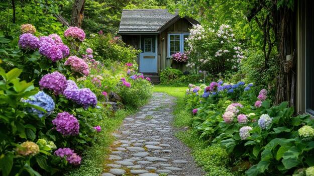 un camino Guías a un casa con flores en el jardín foto