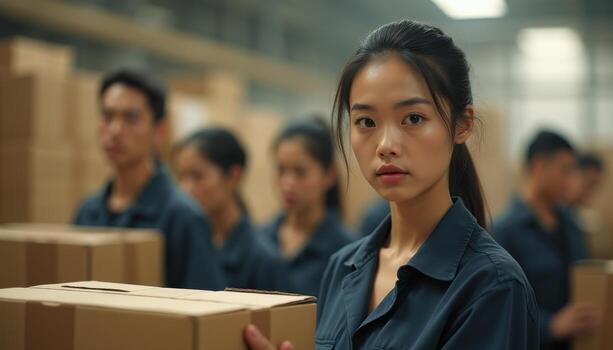 A woman in a factory holding boxes photo