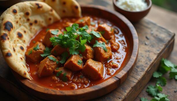 A bowl of curry with bread and a pita photo