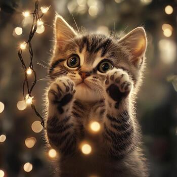 A kitten is standing on its hind legs with its paws up in the air photo