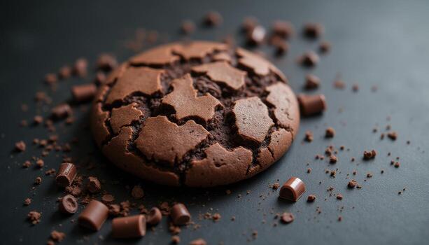 A chocolate cookie with chocolate chips scattered around it photo