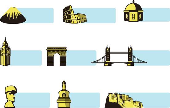 Illustrations of famous landmarks like mountains, bridges, and ancient structures from various locations vector