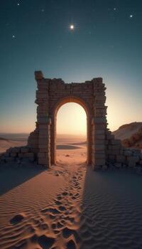 An archway in the desert with a star above it photo