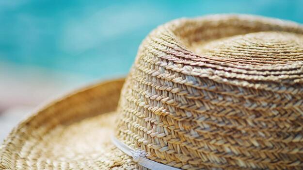 A straw hat is sitting on a table near the ocean photo