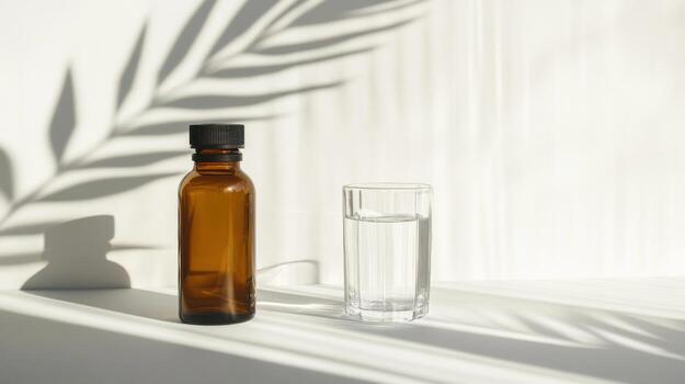 un vaso botella y un botella de esencial petróleo en un mesa foto