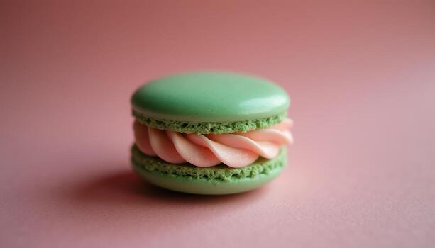 A small green and pink macaron on a pink background photo