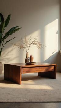 A coffee table in front of a window with a plant on it photo