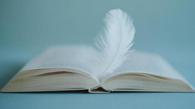 A white feather is sitting on top of an open book photo