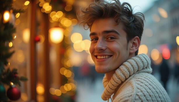 A young man smiles while standing in front of christmas lights photo