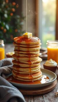 Pancakes with syrup being poured over them on a table photo