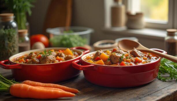 Two red pots with meat and vegetables on a table photo