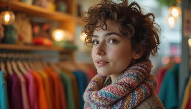 un mujer en un Tienda mirando a el cámara foto