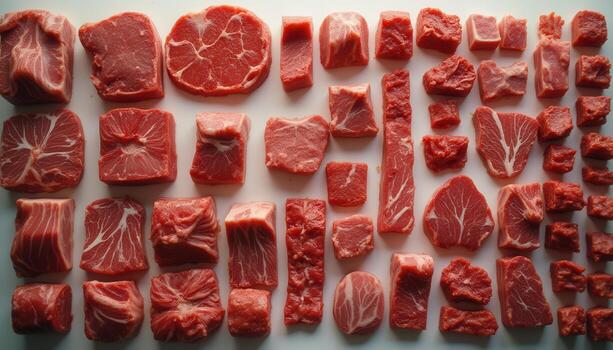 A large group of raw meat pieces arranged in a square shape photo
