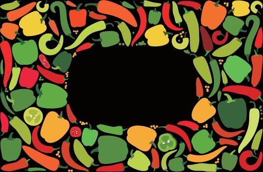 Colorful arrangement of various peppers and vegetables displayed on a black background for culinary use vector