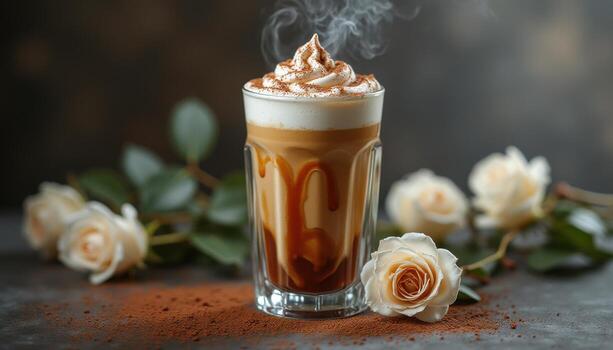 Coffee with whipped cream and roses on dark background photo