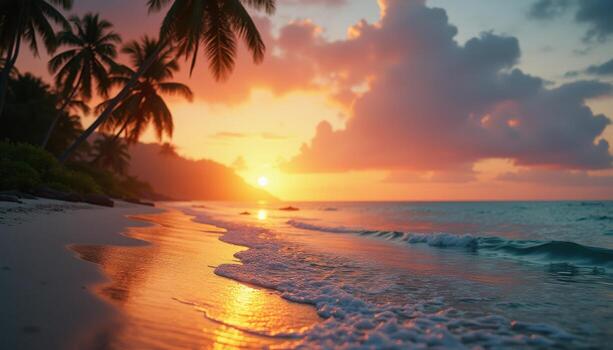 A sunset on a tropical beach with palm trees photo