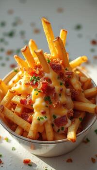 A bowl of french fries topped with cheese and bacon photo