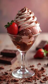 chocolate hielo crema helado con frutas y nueces con fresas y azotado crema foto