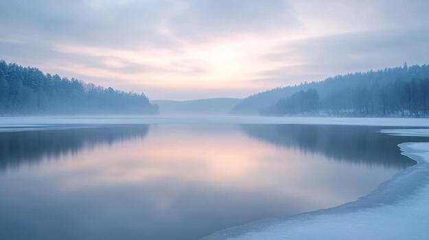 un lago en invierno con arboles y niebla foto