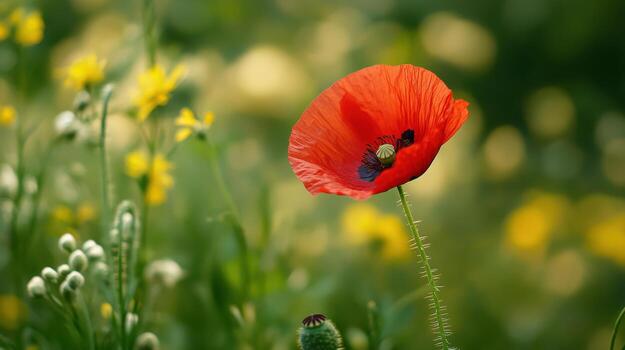 un rojo amapola es en el medio de un campo foto
